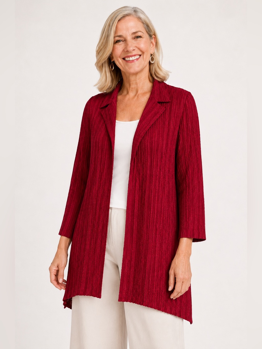 Chico’s Travelers Emiliana Crinkle Open Front Cardigan Size 1 Medium Crimson Red